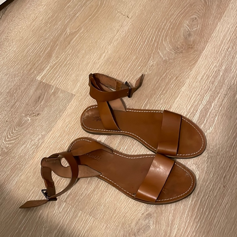 Madewell whiskey-colored flat sandals with ankle straps